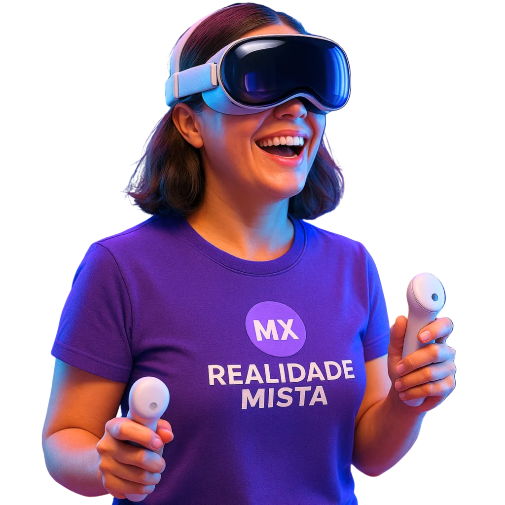 Mulher usando óculos de Realidade Mista e controles VR com camiseta personalizada da Casa Mais.