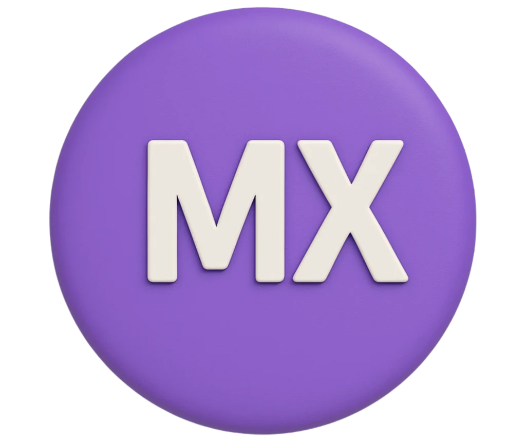Ícone roxo de Realidade Mista (MX) em 3D para experiências imersivas empresariais