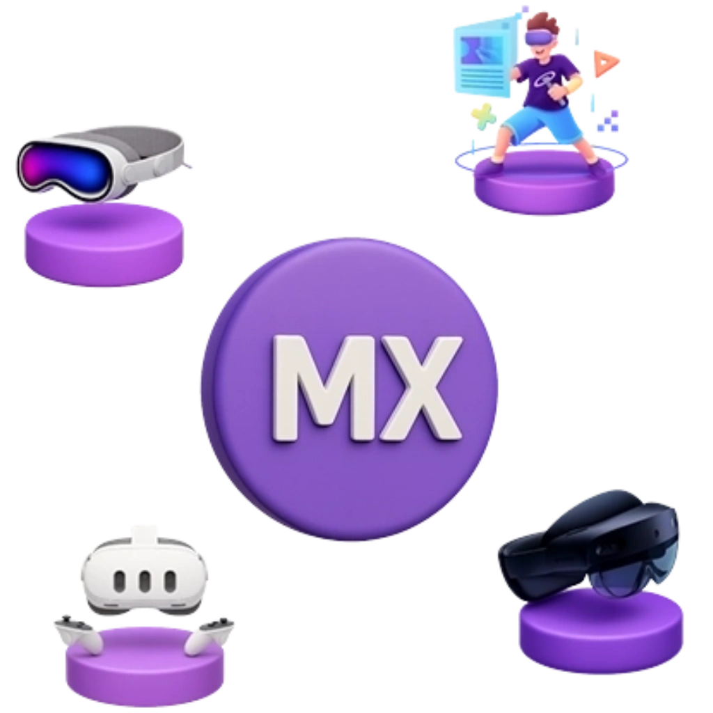 Ícone central MX com elementos de realidade mista como óculos de VR, AR e hologramas interativos.