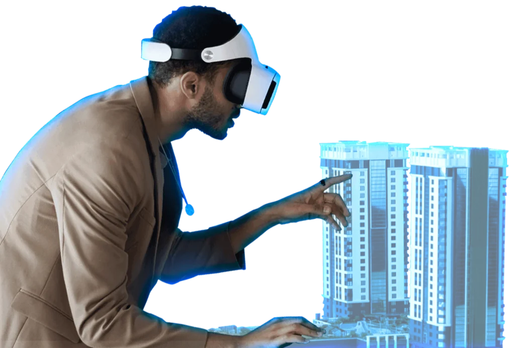 Homem usando óculos de realidade virtual interagindo com maquete 3D de edifícios residenciais