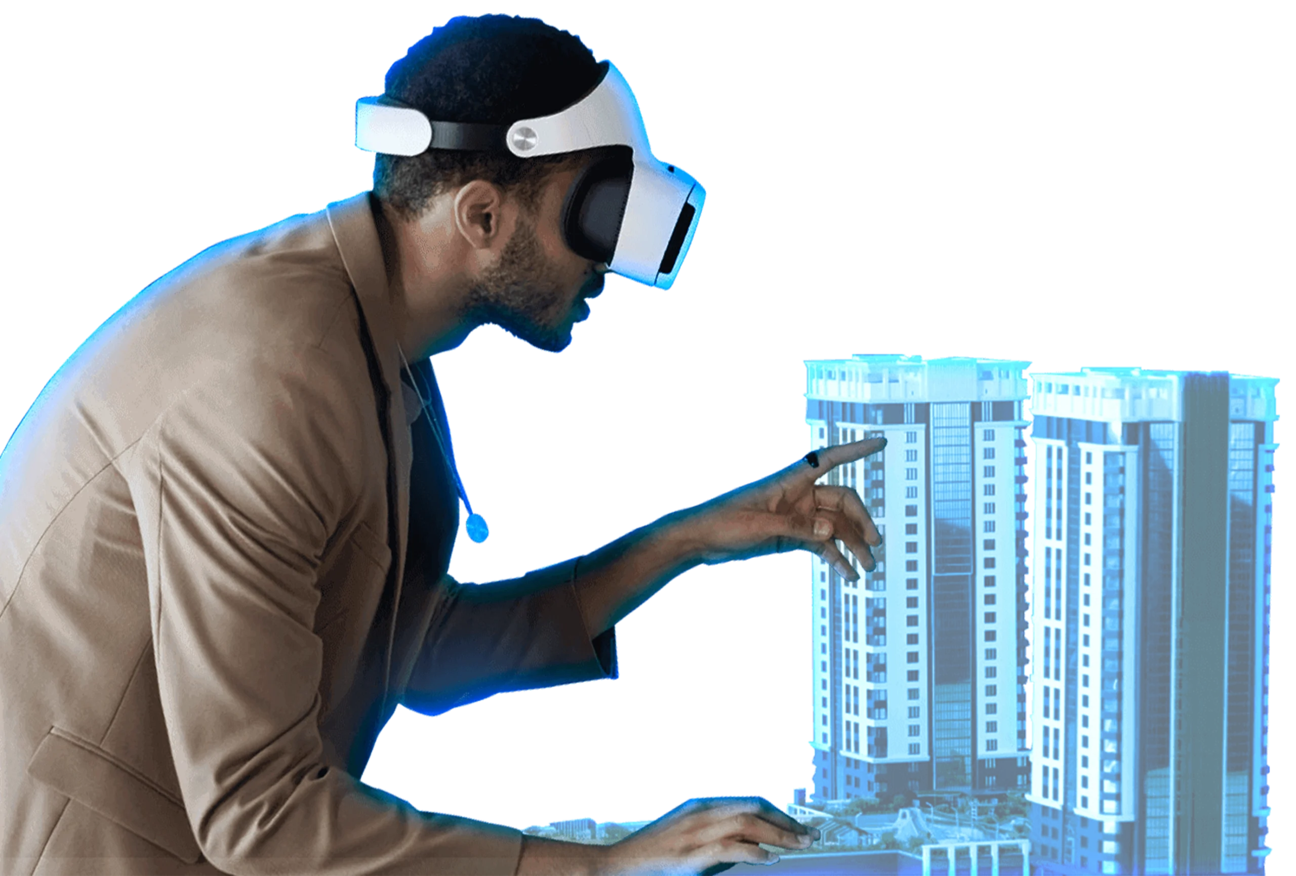 Homem usando óculos de realidade virtual interagindo com maquete 3D de edifícios residenciais