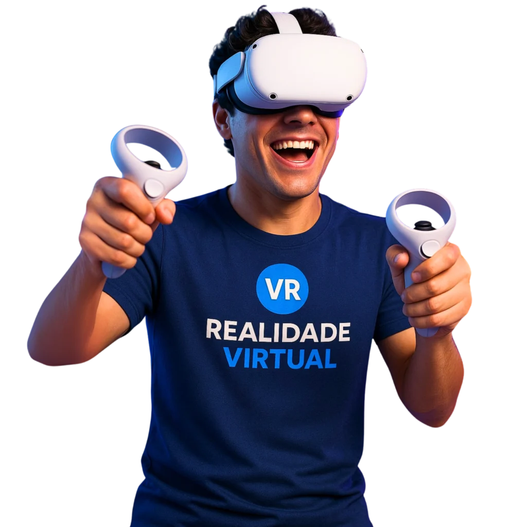 Homem utilizando óculos de Realidade Virtual e segurando controles, vestindo camiseta com a inscrição Realidade Virtual.