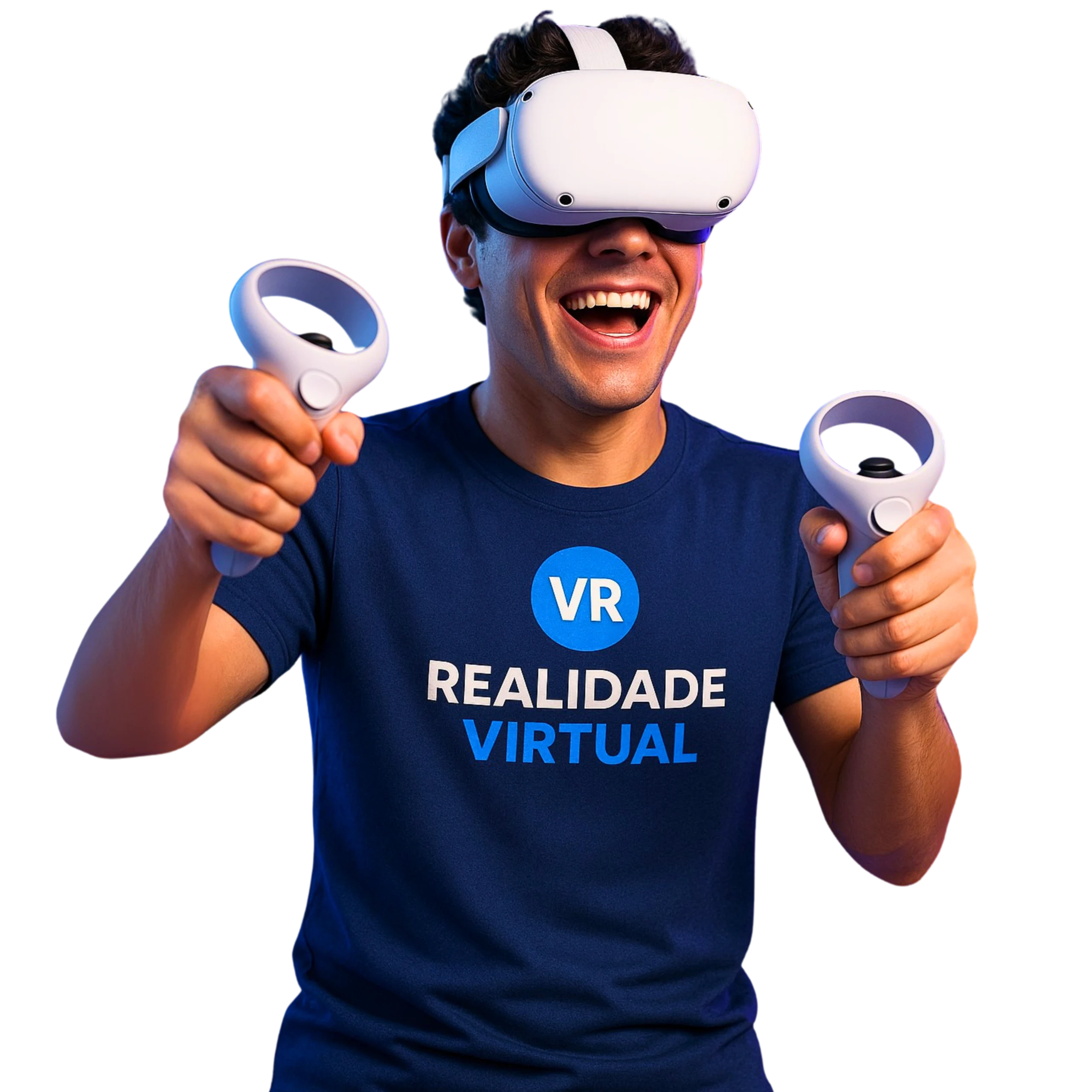 Homem utilizando óculos de Realidade Virtual e segurando controles, vestindo camiseta com a inscrição Realidade Virtual.