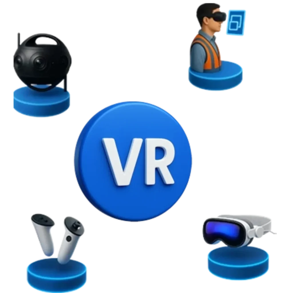 Ícone VR com elementos de Realidade Virtual como óculos, controle, câmera 360 e avatar em ambiente corporativo