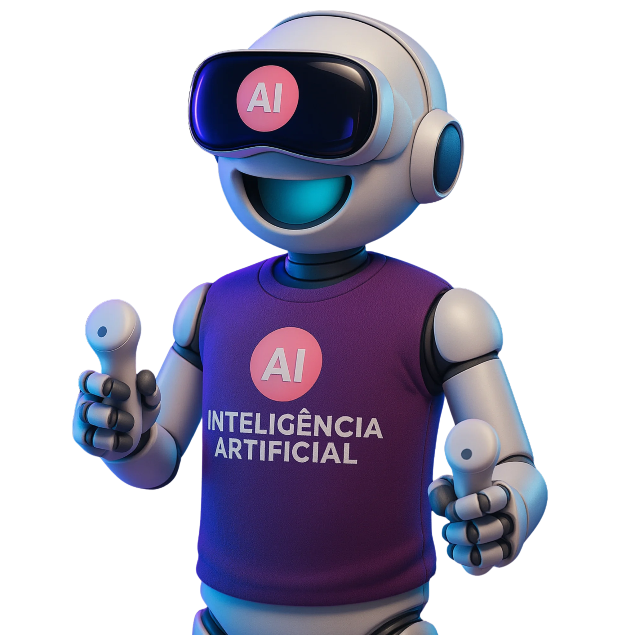 Robô com óculos de realidade virtual e camiseta de Inteligência Artificial segurando controles interativos.
