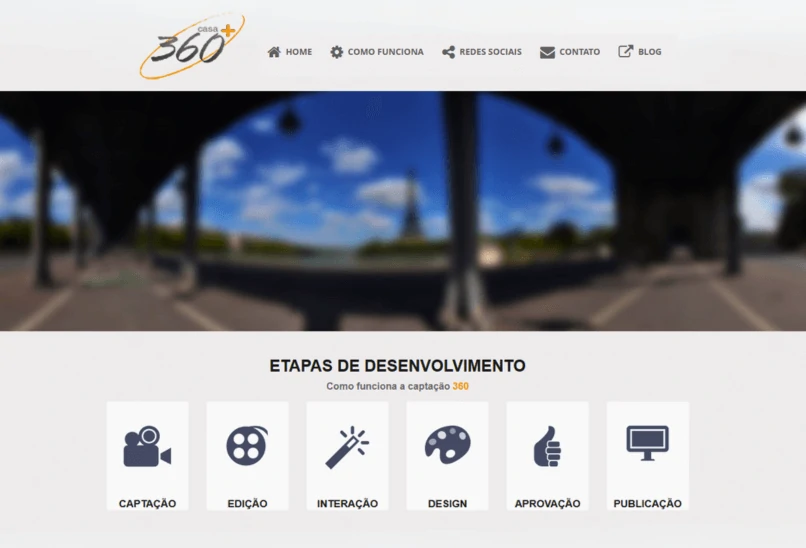 Print da página inicial do site Casa Mais 360 em 2012 com menu e etapas de desenvolvimento em 360°.