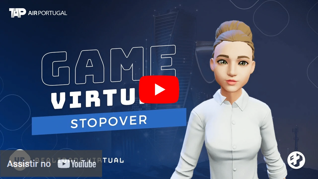 Imagem do jogo virtual “Stopover” da TAP Air Portugal com avatar feminino em destaque. Fundo com cidade futurista.