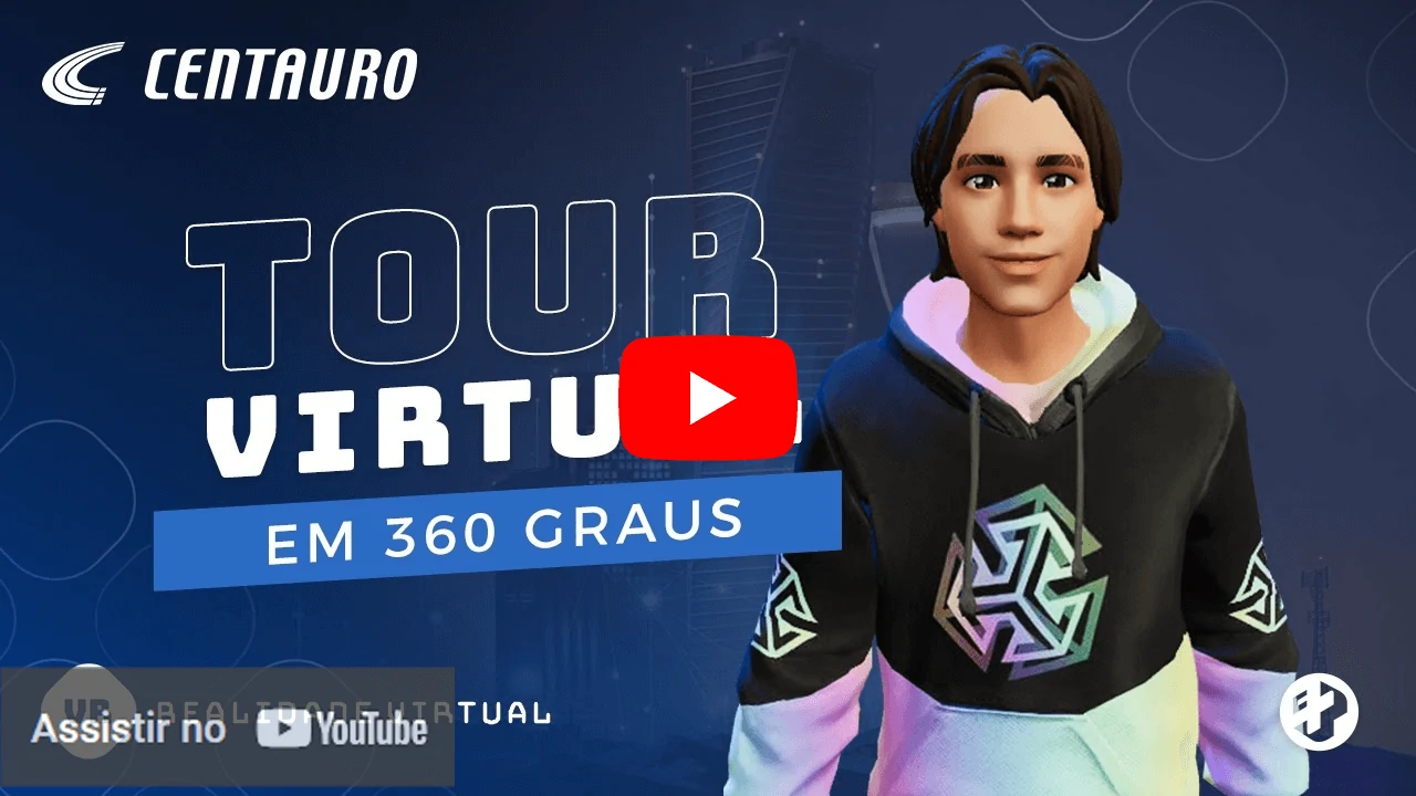 Avatar masculino apresentando tour virtual imersivo em 360 graus da Centauro