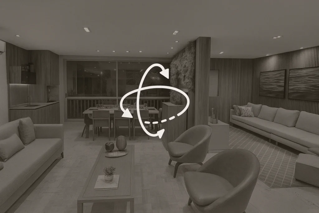 Imagem do interior decorado com ícone de rotação indicando tour virtual 360 graus em Dubai