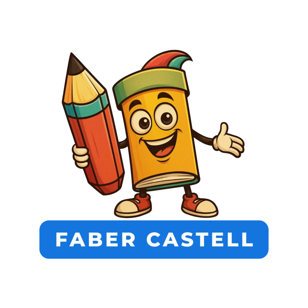 Personagem animado da Faber-Castell segurando um lápis gigante, representando o tour virtual da marca.