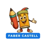 Personagem animado da Faber-Castell segurando um lápis gigante, representando o tour virtual da marca.
