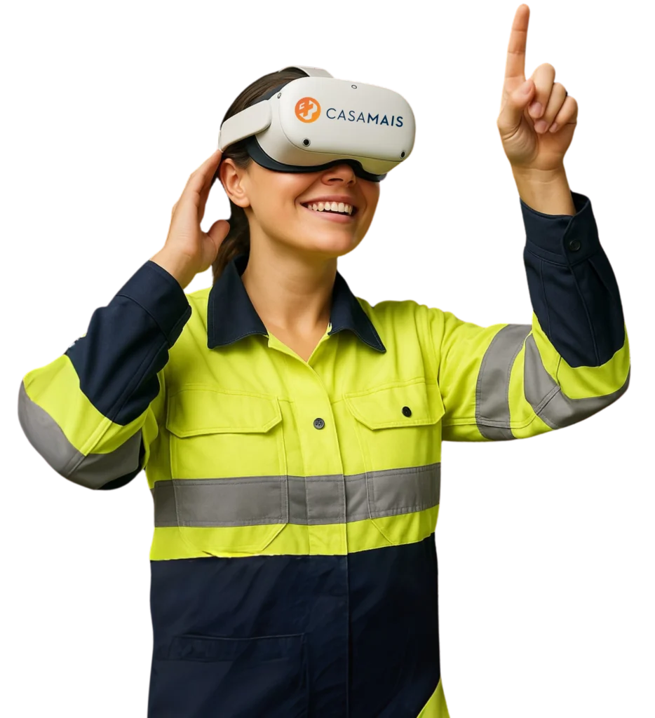 Funcionária com óculos de Realidade Virtual participando de treinamento de segurança do trabalho.