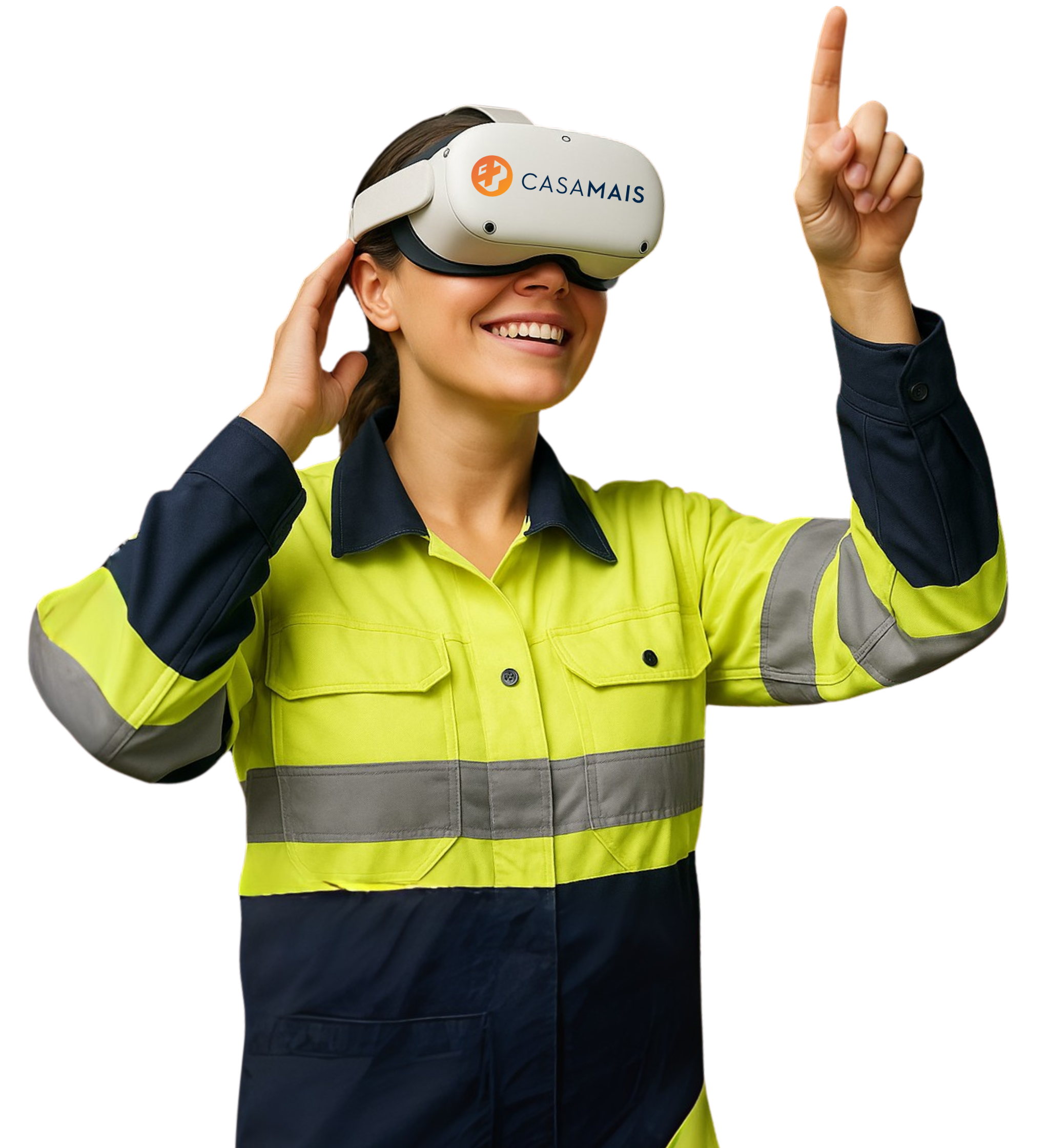 Funcionária com óculos de Realidade Virtual participando de treinamento de segurança do trabalho.