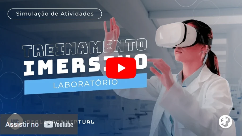 Mulher com jaleco e óculos VR simulando procedimentos laboratoriais em ambiente virtual