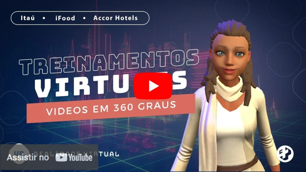 Treinamento virtual em 360 graus com avatar feminino em ambiente digital.