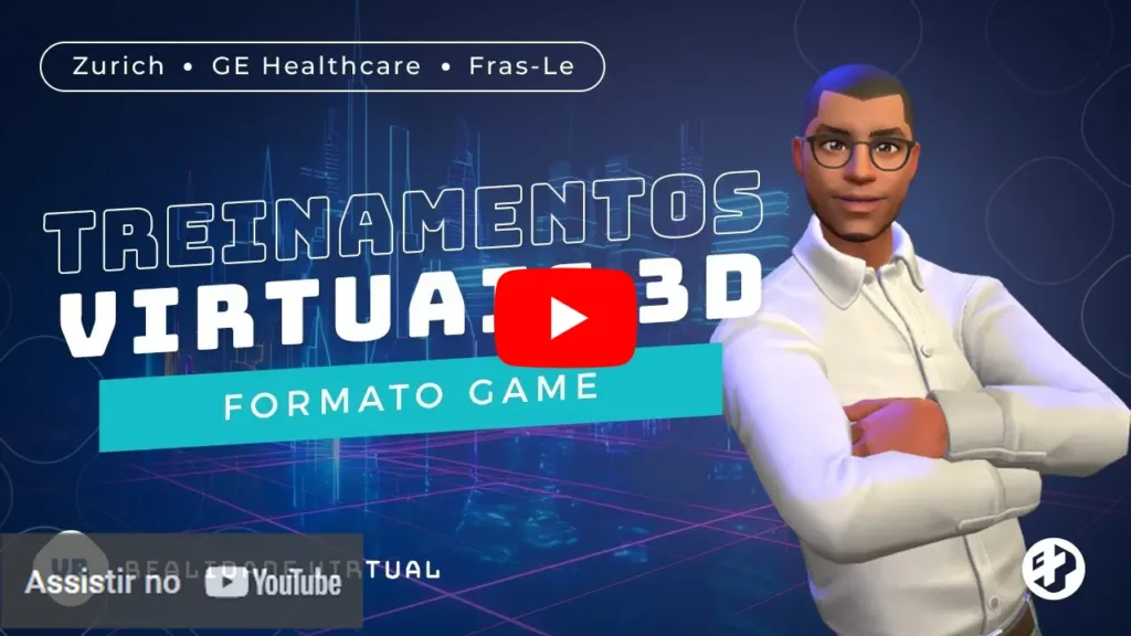 Treinamento virtual em 3D no formato game com avatar masculino e ambiente digital.