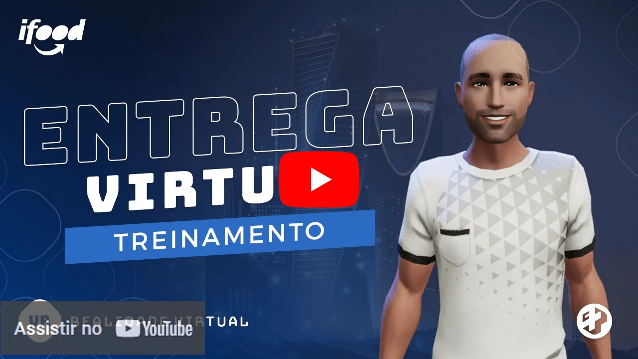 Treinamento virtual de entrega com avatar masculino desenvolvido para o iFood.
