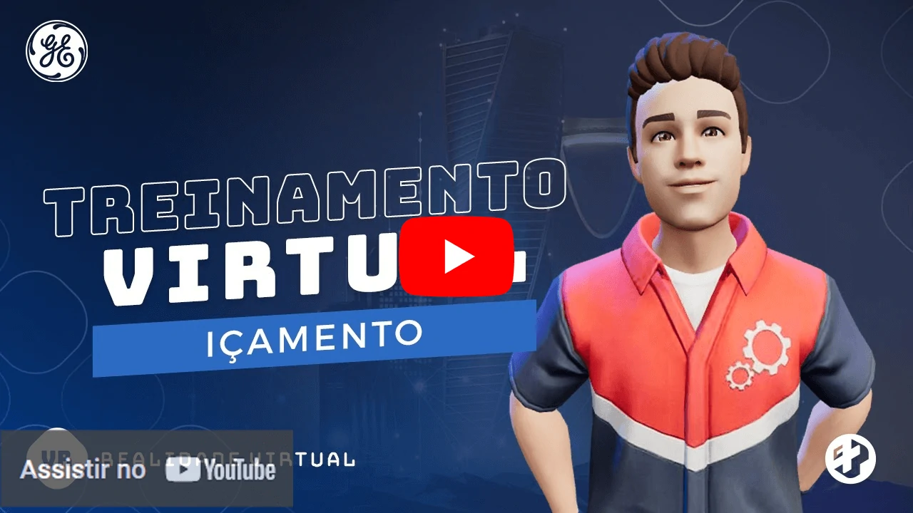 Treinamento virtual de içamento com avatar masculino em ambiente digital.