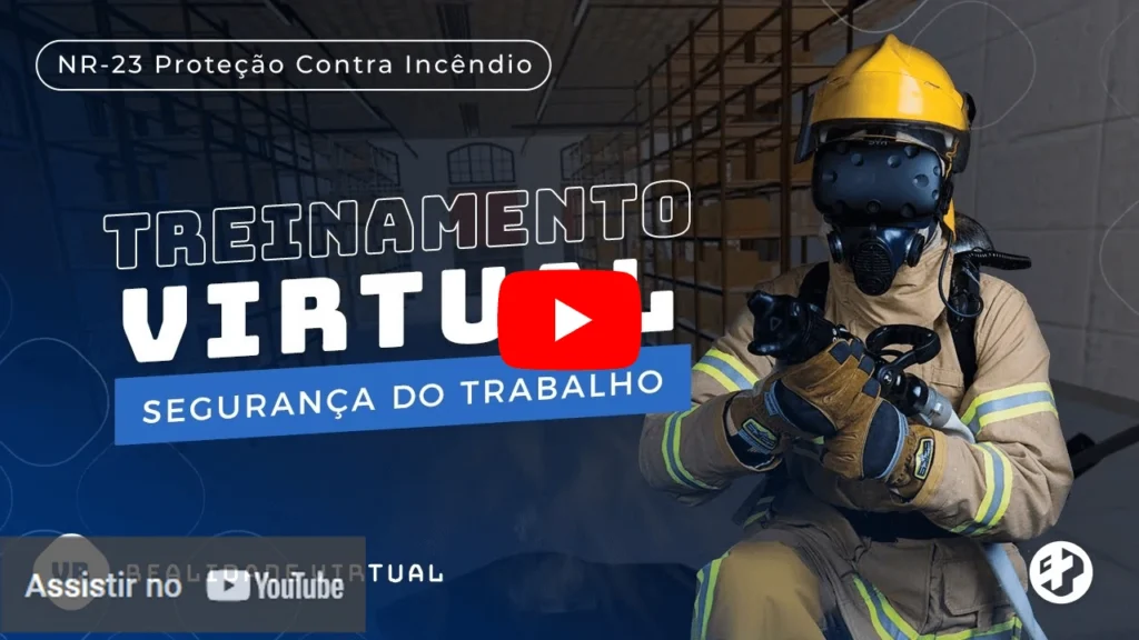 Bombeiro com equipamento de proteção e óculos VR segurando mangueira, representando simulação de combate a incêndio
