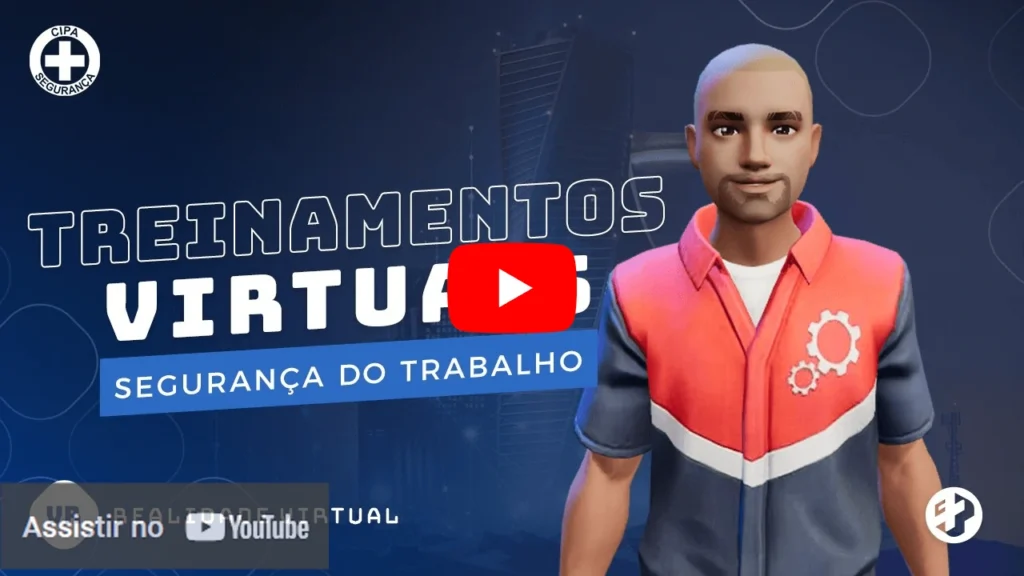 Avatar masculino com uniforme de segurança em ambiente digital, representando treinamento virtual em segurança do trabalho