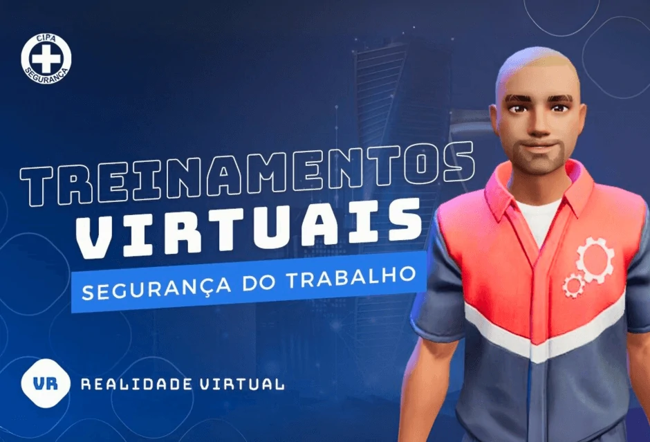 Avatar 3D com uniforme de segurança ao lado do título “Treinamentos Virtuais – Segurança do Trabalho”.