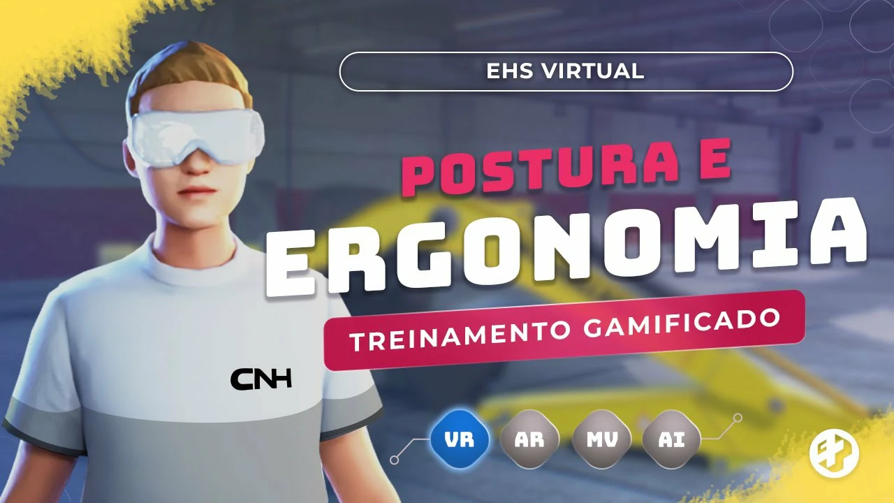 Avatar com óculos VR participando de treinamento sobre postura e ergonomia em ambiente industrial