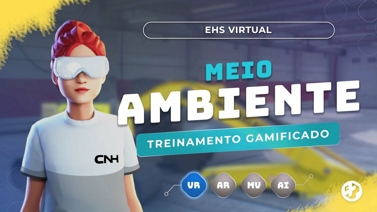 Avatar em cenário industrial com óculos VR participando de treinamento gamificado sobre meio ambiente