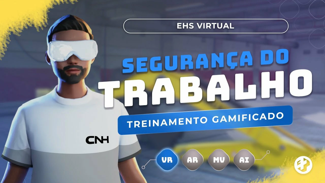 Avatar com óculos VR em ambiente industrial simulando treinamento sobre segurança do trabalho