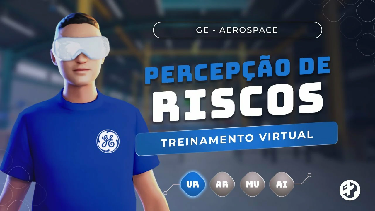 Ilustração de colaborador GE com óculos VR em ambiente industrial virtual