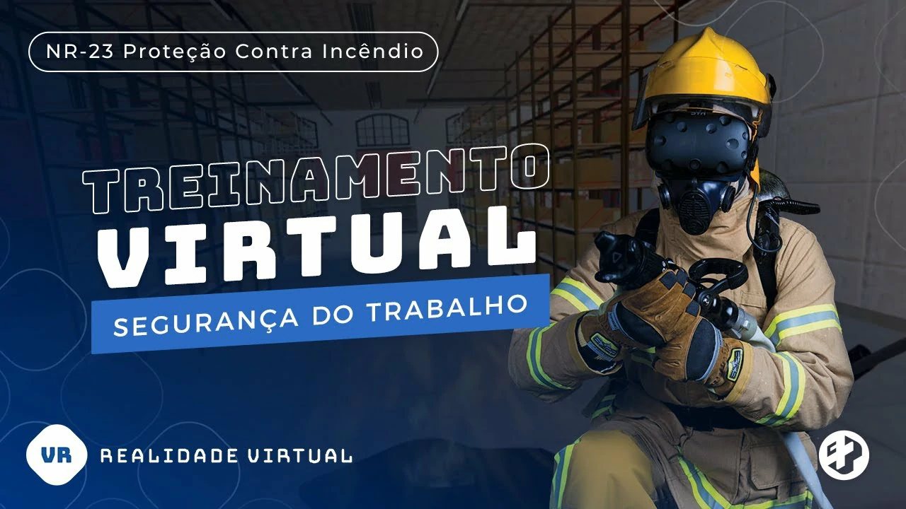 Bombeiro com equipamento completo e óculos de realidade virtual segurando mangueira, representando treinamento imersivo em segurança contra incêndios