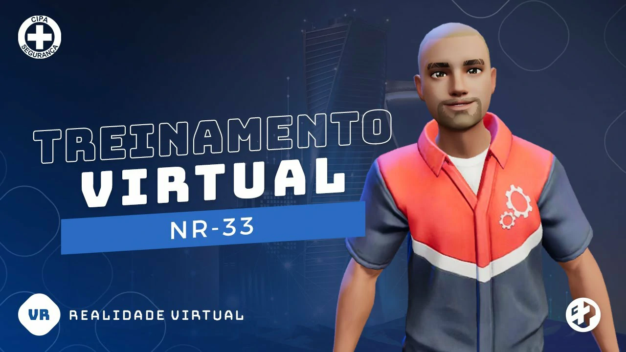 Personagem com uniforme técnico sorridente, em ambiente corporativo noturno, promovendo o treinamento virtual NR-33 sobre espaços confinados