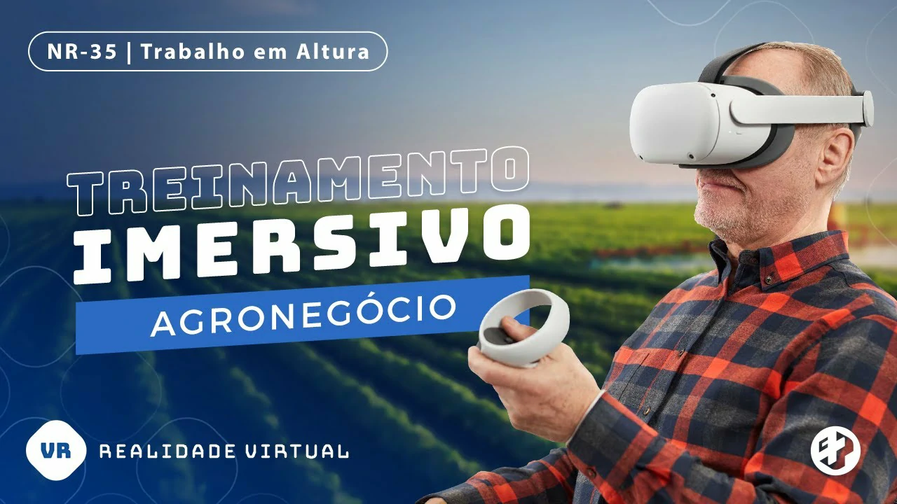 Homem maduro com camisa xadrez usando óculos de realidade virtual em campo aberto, representando treinamento imersivo para o agronegócio segundo a NR-35