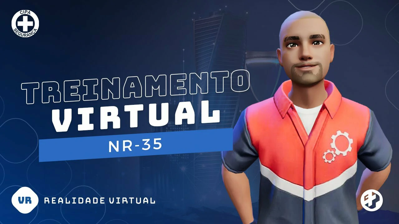 Personagem sorridente com uniforme técnico diante de cenário noturno urbano, promovendo o treinamento virtual NR-35 sobre trabalho em altura