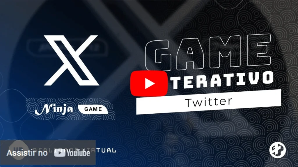 Imagem promocional do jogo interativo “Ninja Game” criado para o Twitter (X), com design em tons escuros e logotipo da rede social em destaque.