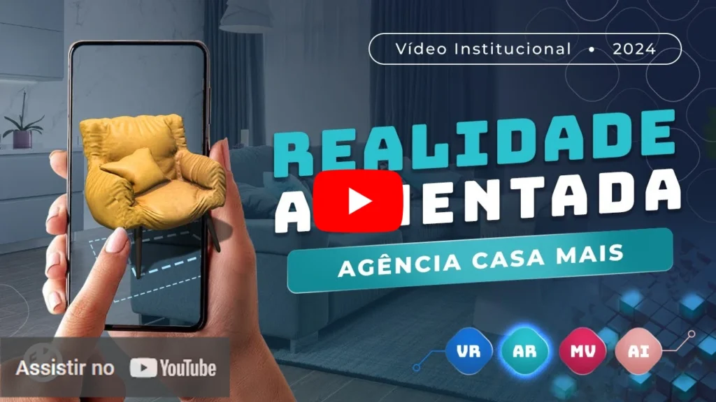 Mãos segurando um celular que exibe uma poltrona amarela em realidade aumentada, com os textos “Realidade Aumentada” e “Agência Casa Mais”