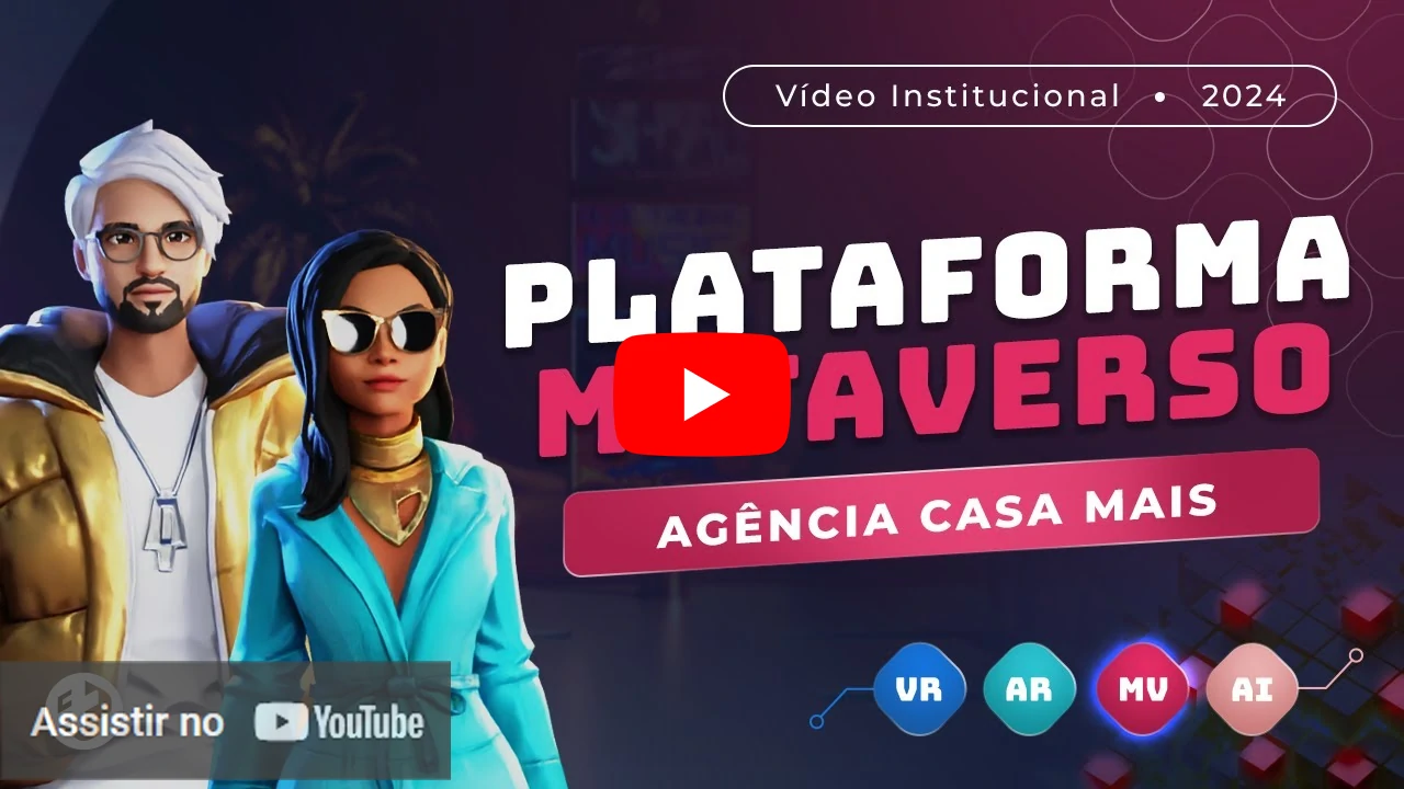 Avatares 3D masculino e feminino estilizados em ambiente digital com os textos “Plataforma Metaverso” e “Agência Casa Mais”
