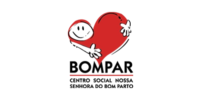 Logotipo do BOMPAR (Centro Social Nossa Senhora do Bom Parto) com desenho de coração vermelho abraçado por figura sorridente.