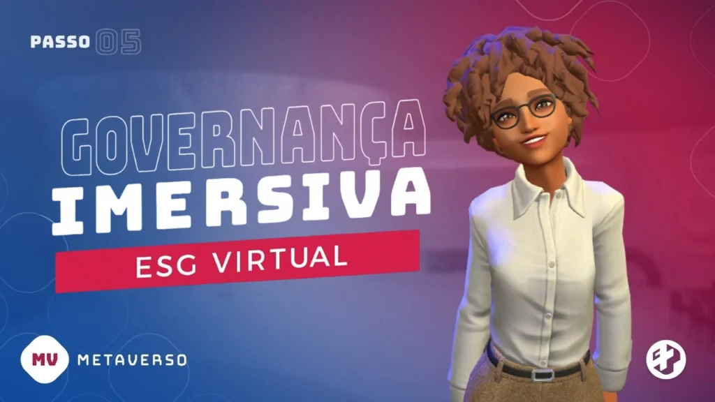 Personagem 3D feminina sorridente com óculos e camisa social branca ao lado do texto “Governança Imersiva – ESG Virtual”, representando módulo de governança corporativa no jogo ESG desenvolvido pela Casa Mais no metaverso.