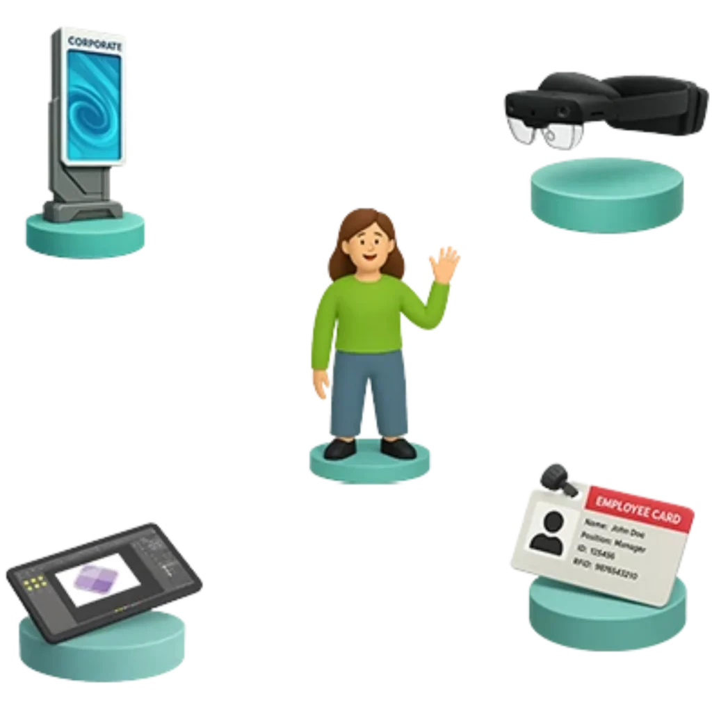 Ícones 3D representando tecnologias para programas de onboarding virtual corporativo, incluindo totem interativo, óculos de realidade mista, colaborador digital e tablet de registro.