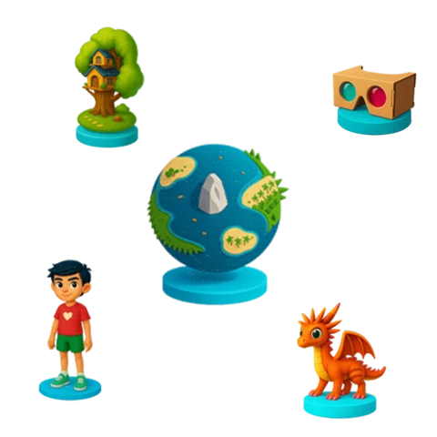 Ícones 3D coloridos com temática infantil: menino, dragão, casa na árvore, globo terrestre e óculos VR, representando um universo lúdico virtual