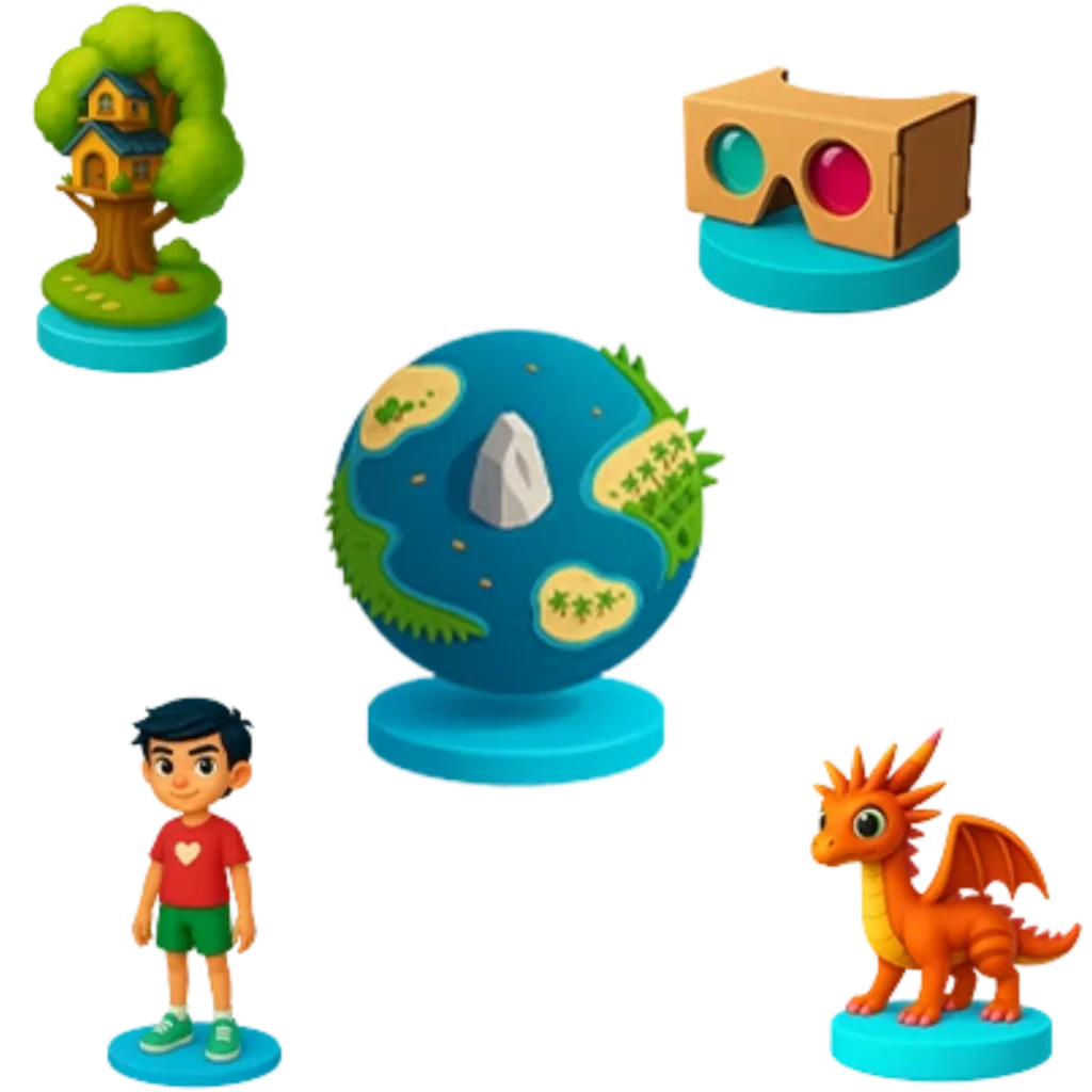 Ícones 3D coloridos com criança, dragão, óculos VR, árvore e globo terrestre representando o projeto social Alegria Virtual da Casa Mais.