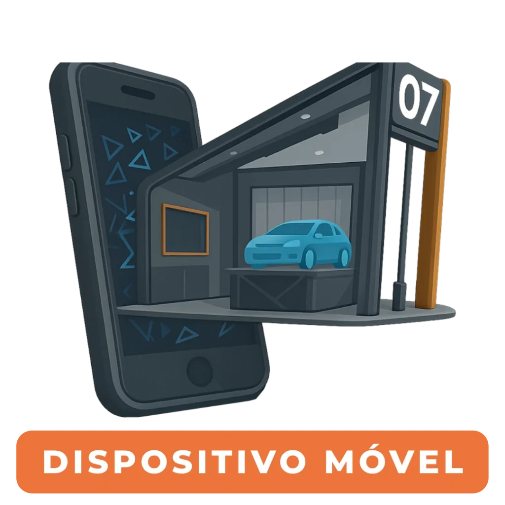 Ilustração de um smartphone com uma concessionária 3D saindo da tela, incluindo um carro azul e o número 07.