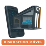 Ilustração de um smartphone com uma concessionária 3D saindo da tela, incluindo um carro azul e o número 07.