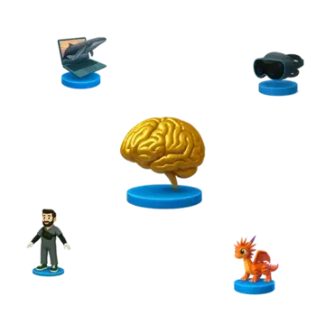 Ilustração representando tecnologias imersivas com ícones de VR, IA, metaverso, avatar e dinossauro 3D