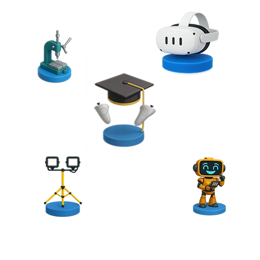 Ícones 3D de realidade virtual, robô, iluminação, microscópio e chapéu de graduação sobre fundo transparente