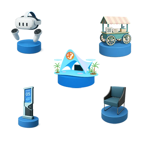 Elementos 3D sobre base azul com estande futurista da Casa Mais ao centro, cercado por óculos VR, cadeira, painel digital, carrinho e ambientação tropical