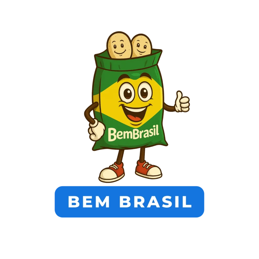 Personagem em forma de pacote de batata Bem Brasil sorrindo, com dois rostos de batatas no topo, dando joinha.