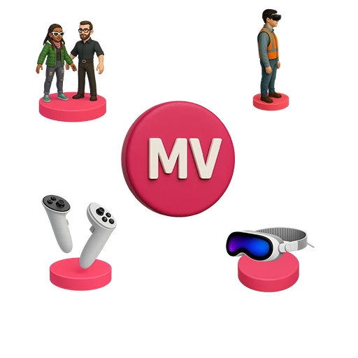 Ícone rosa com as letras MV ao centro, cercado por avatares 3D, headset de realidade virtual, controles e trabalhador com colete de segurança