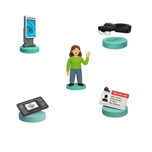Ícones 3D representando colaboradora, totem, tablet, crachá e headset de realidade aumentada
