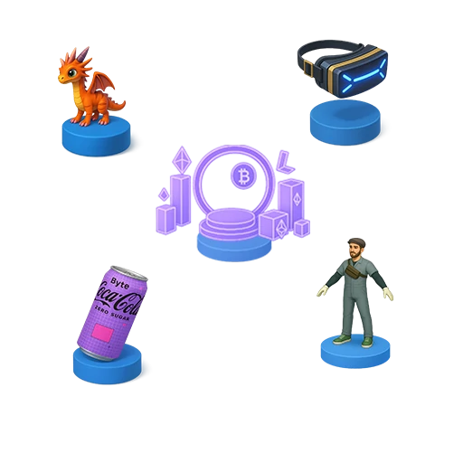 Coleção de ícones 3D representando elementos do metaverso: headset VR futurista, avatar masculino, dragão animado, lata da Coca-Cola Byte e símbolo de criptomoedas.